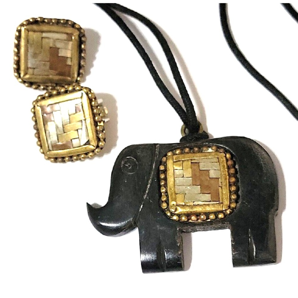 Vintage Mixed Metal Elephant Necklace & Clip-on Earrings Jewelry Set, Wood Black